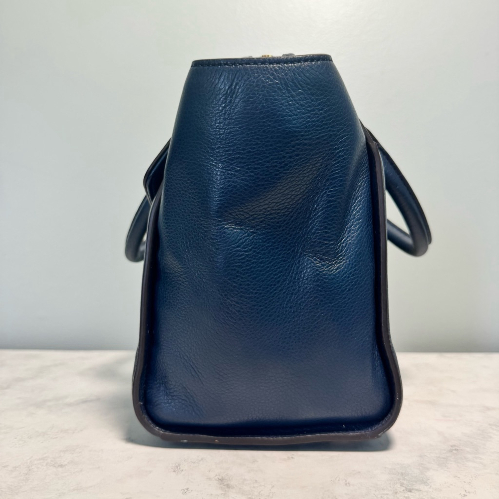 Women's Michael Kors Leather Large Hudson Satchel Tote Navy Blue Gold Logo - Picture 4 of 16